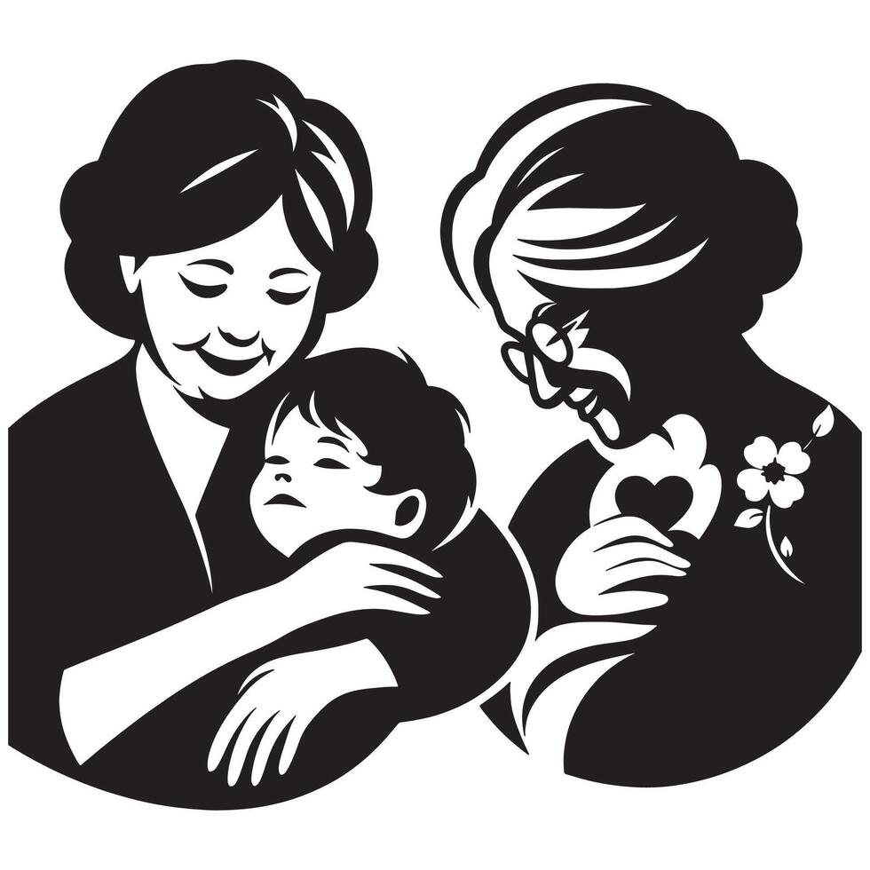 Generations of love an illustration of family with grandmother mother and child in black and white art silhouette, mothers day vector