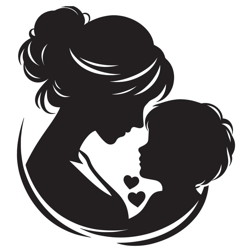 Mother and child silhouette illustration for mother's day loving embrace heart design graphic element vector