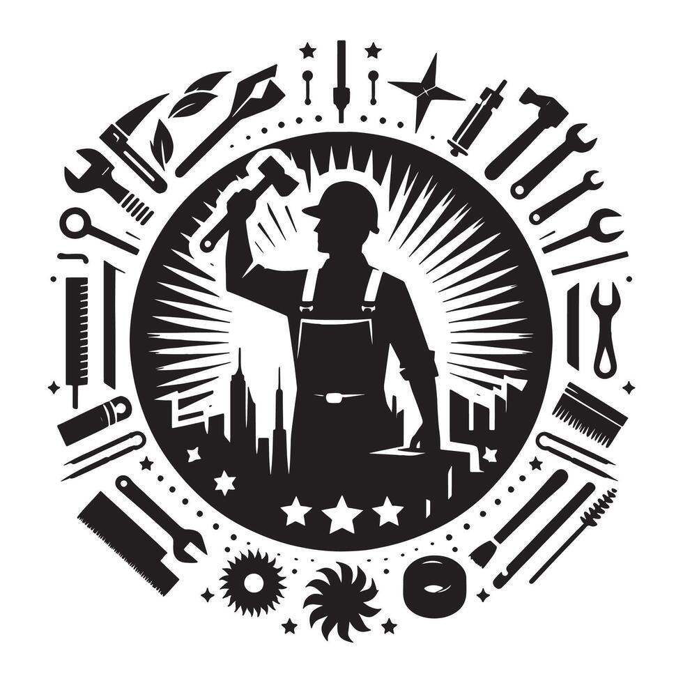 Construction worker tools and equipment silhouette handyman repair service industry illustration, labor day vector