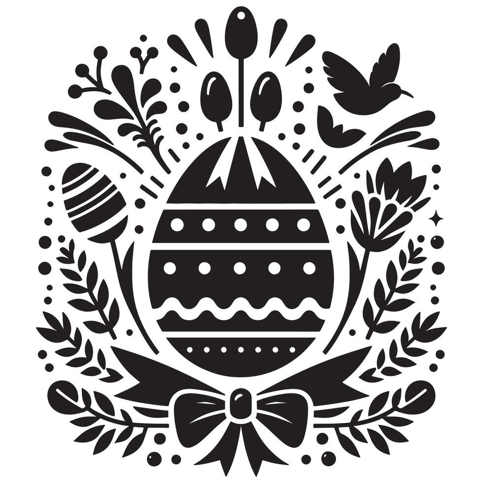 Black and white easter egg floral design with bird and ribbon for greeting card and decoration vector