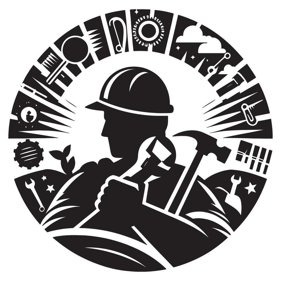 Construction worker handyman tools silhouette graphic for professional services design use, labor day vector