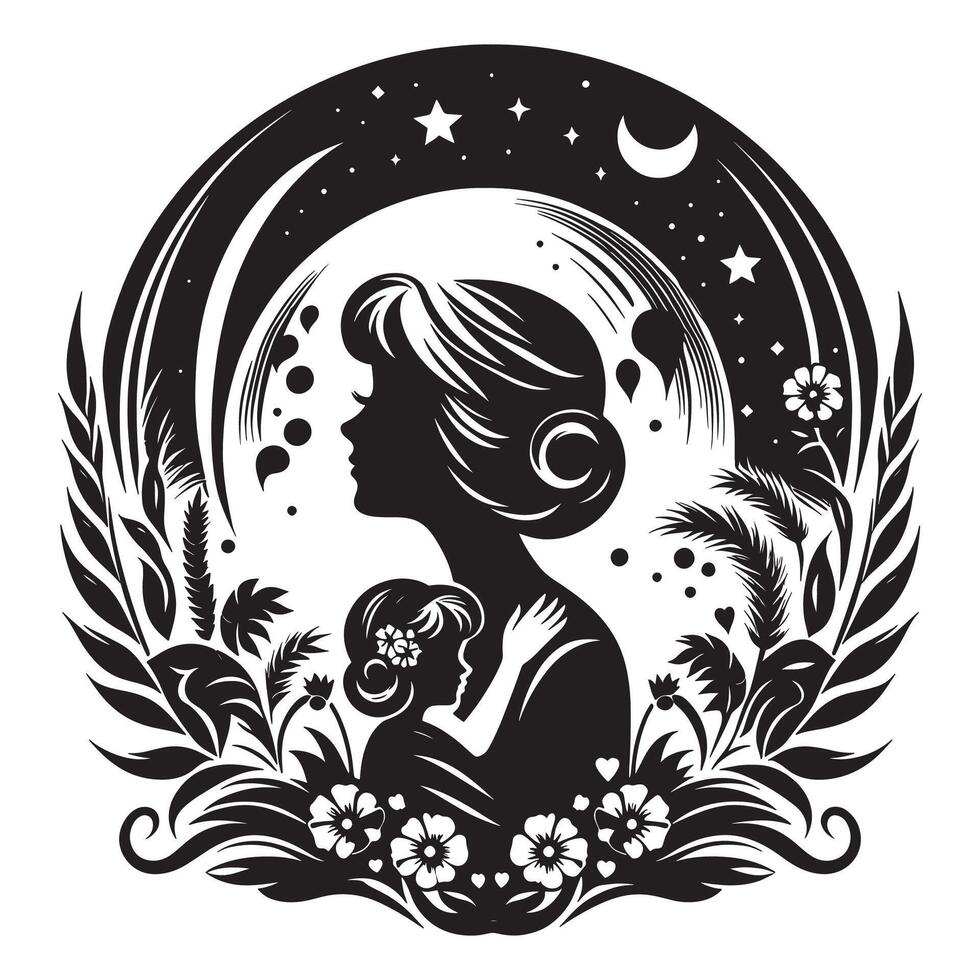 Mother and child silhouette art print for nursery decor and family illustration design graphic art, mothers day vector