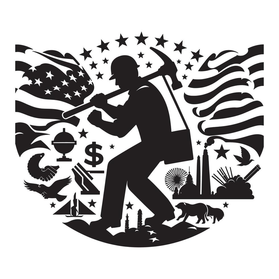 Labor day worker silhouette with american flag and patriotic symbols illustration design art, labor day vector