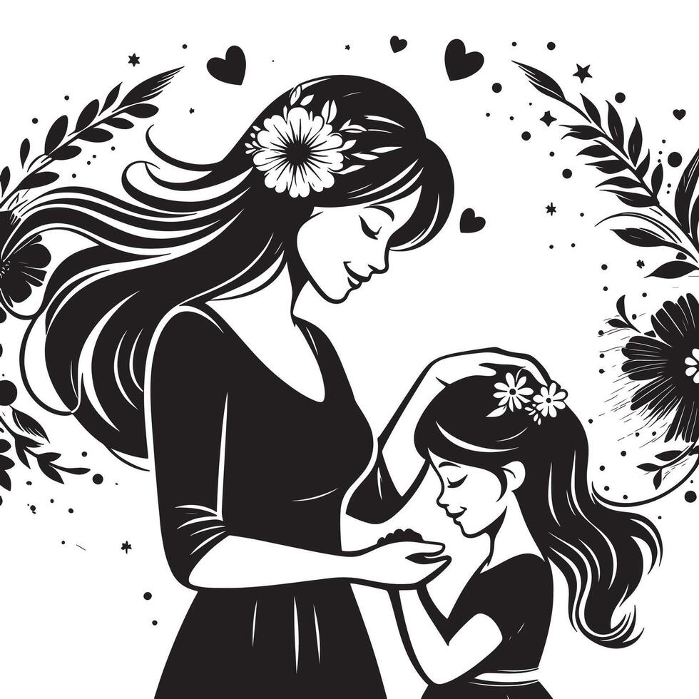 Mother and daughter illustration black and white artwork for mother's day celebration graphic design silhouette vector