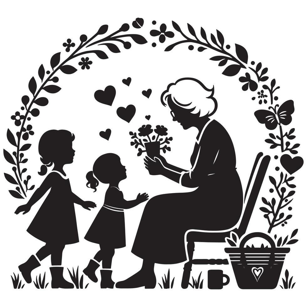 Grandma with children silhouette art for wall decor and family love gifts and home decoration ideas, mothers day vector