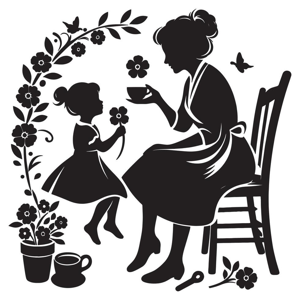 Silhouette of mother and daughter enjoying tea time with flowers and butterfly art illustration, mothers day vector