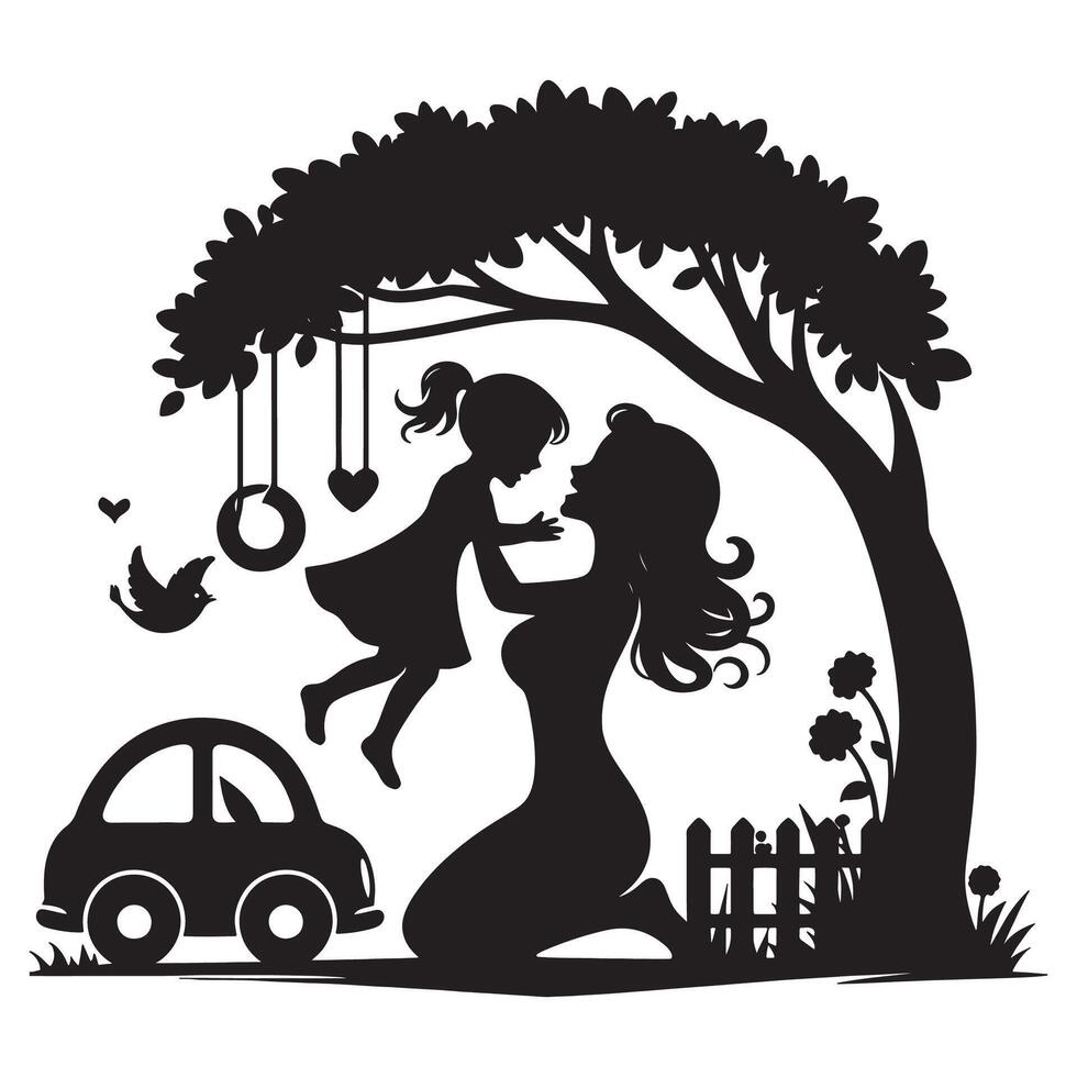 Silhouette illustration of mother and daughter playing under a tree with car and bird art, mothers day vector
