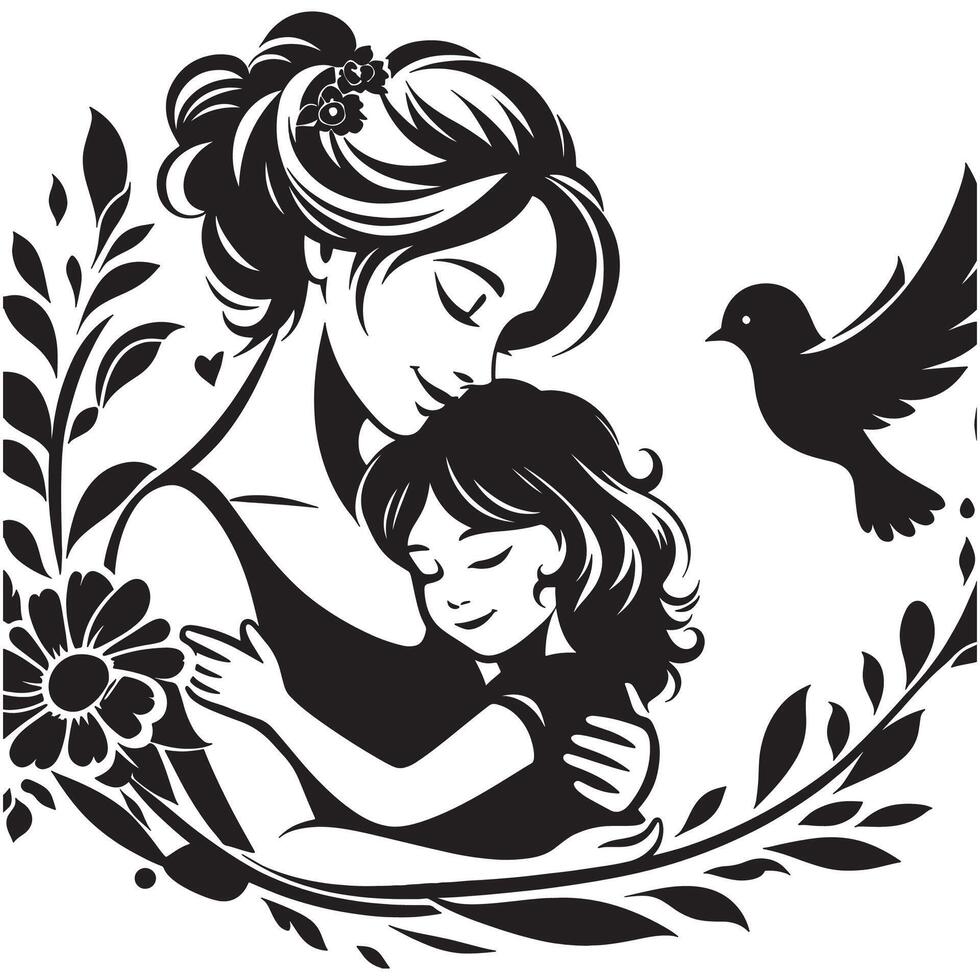 Mother and child illustration, loving embrace, family art, motherhood design, floral elements art silhouette, mothers day vector