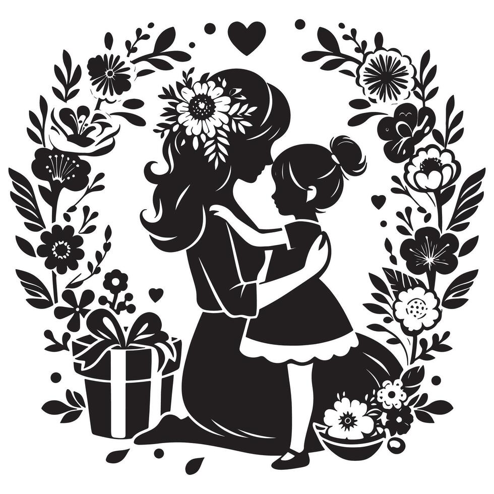 Mother and daughter embrace silhouette art for mother's day celebration with floral wreath design vector