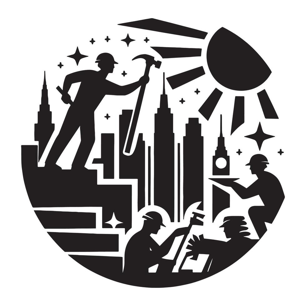 Construction worker building skyline graphic illustration with sun and stars design, labor day vector