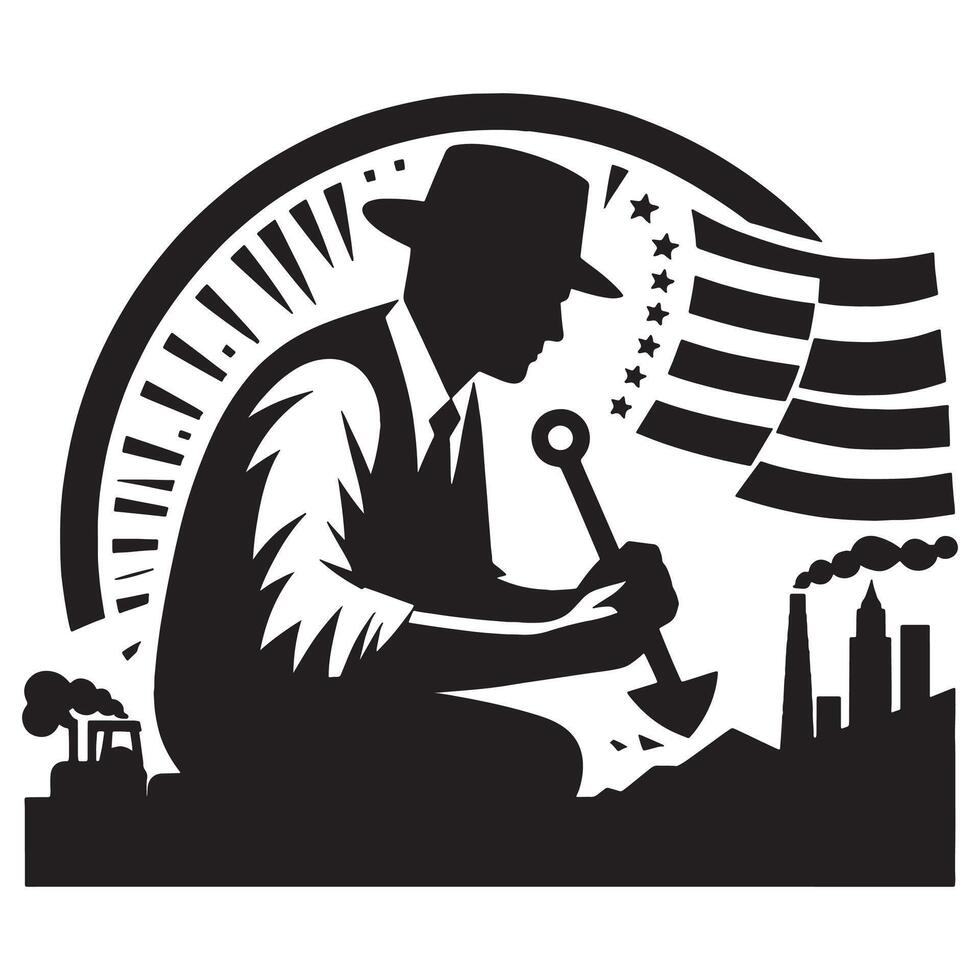 industrial worker digging illustration with flag and city skyline silhouette artwork design, labor day vector