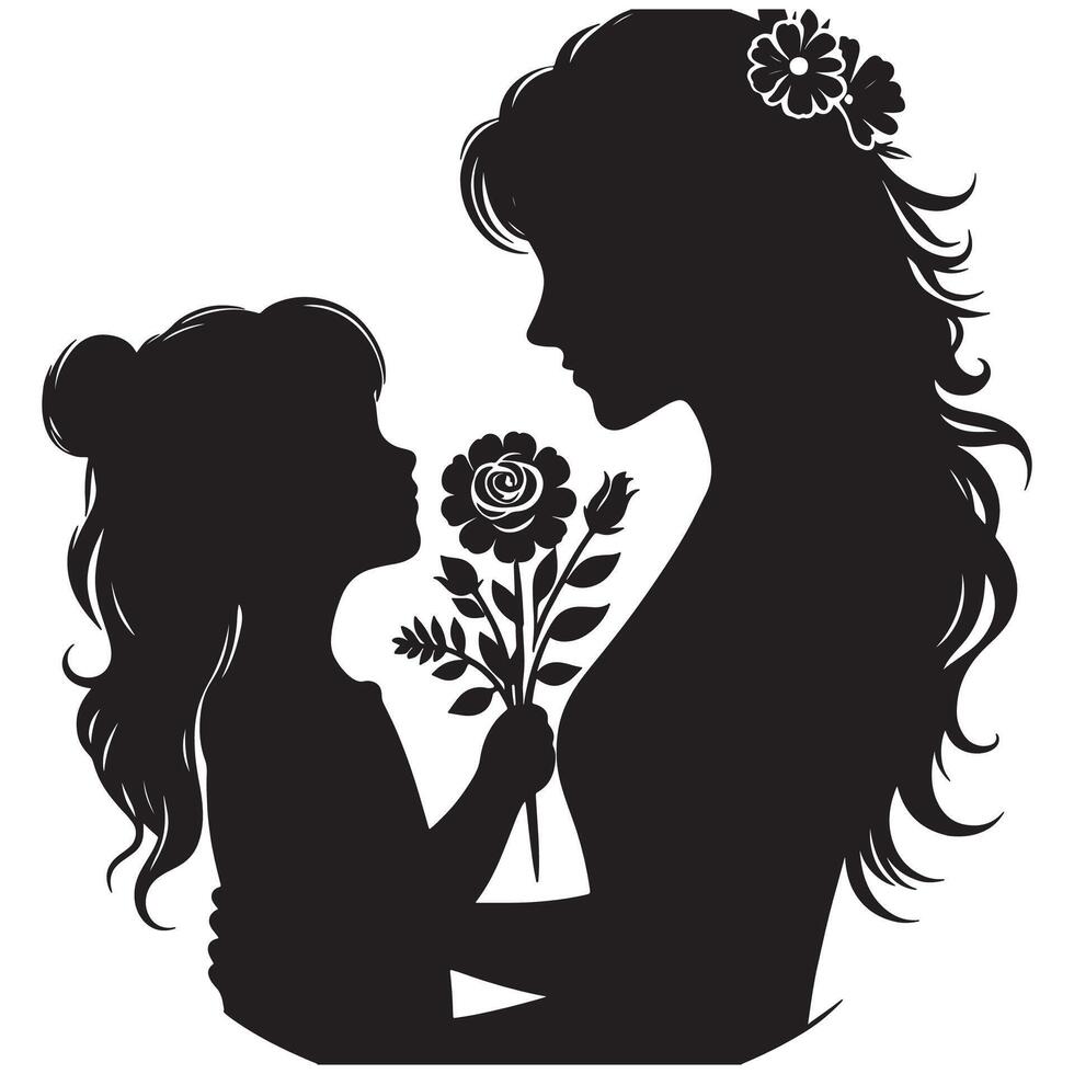 Silhouette of mother and daughter with flowers for greeting card or mothers day graphic design art vector