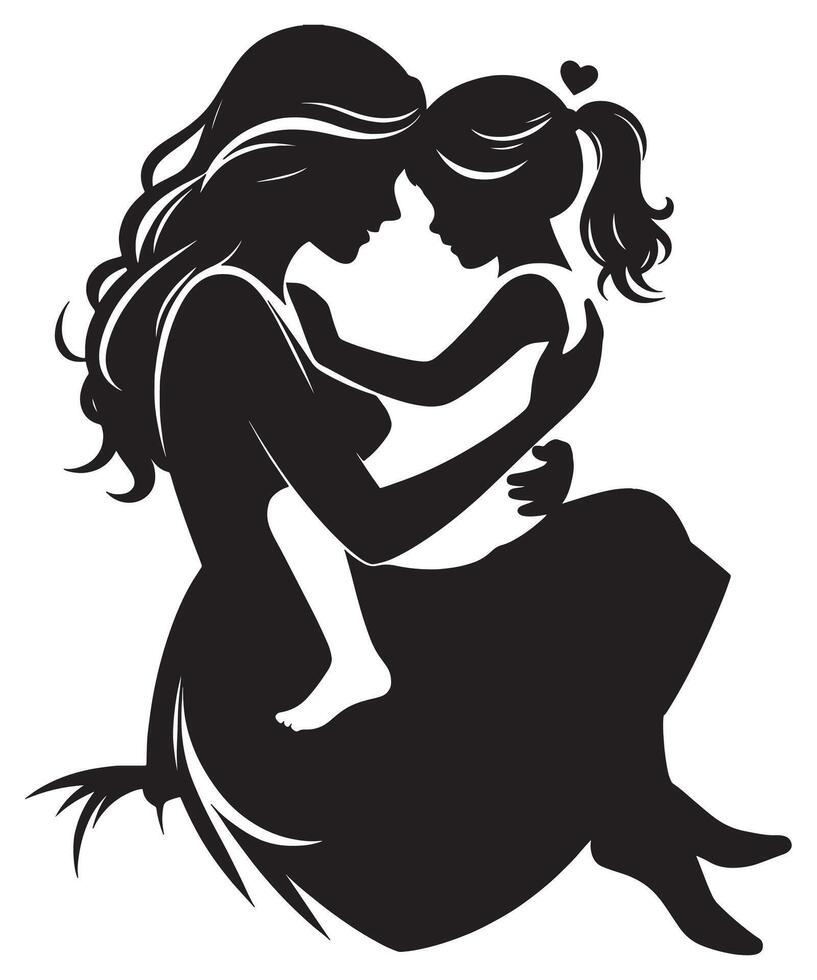 Mother and child illustration silhouette art print for family love and care graphic design element, mothers day vector