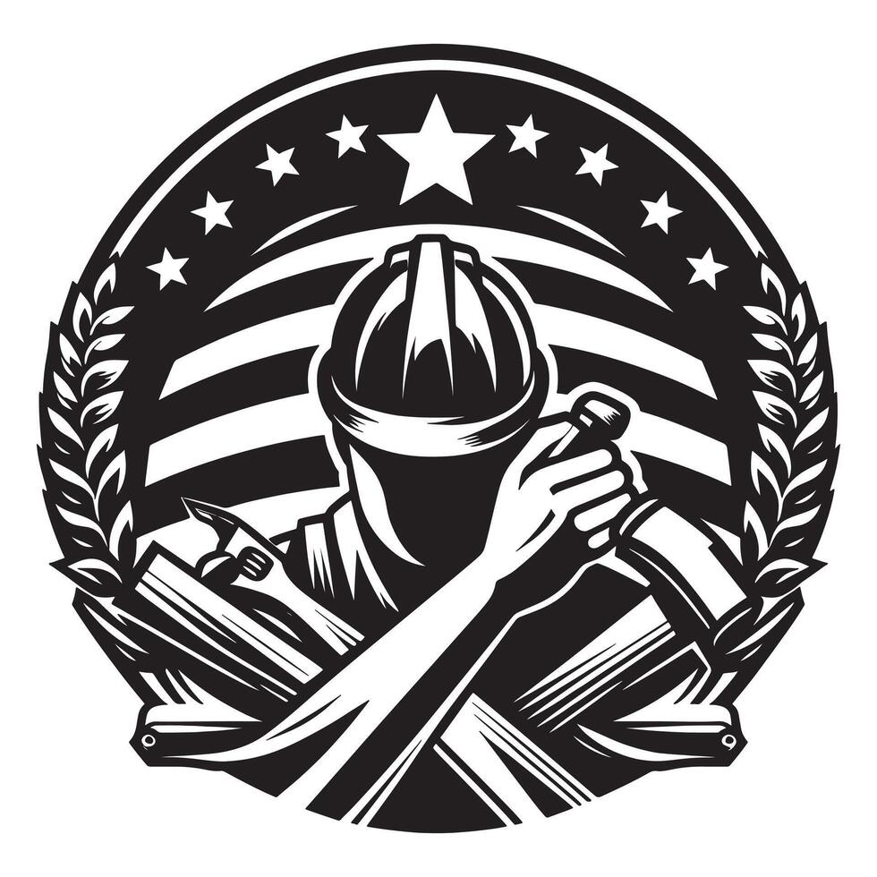 Construction worker tradesman logo design with stars and stripes in black, labor day vector