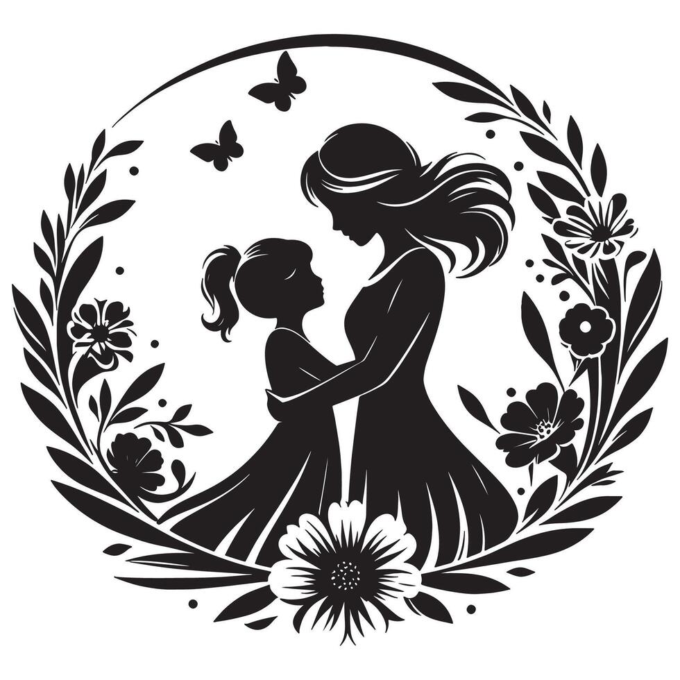 Mother daughter silhouette art print with floral wreath for mothers day gift and family decor idea vector