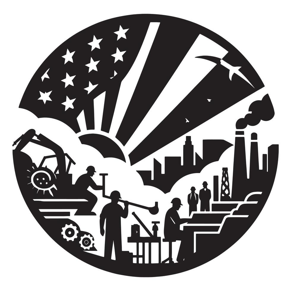 American industry labor day patriotic illustration workers cityscape silhouette black and white art, labor day vector
