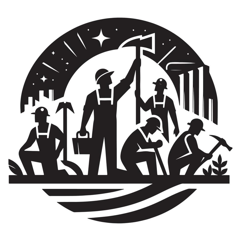 Laborers working together illustration black and white teamwork construction workers hard work silhouette art, labor day vector