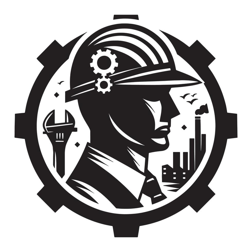 Engineer construction industry worker design with gear and buildings illustration concept design, labor day vector
