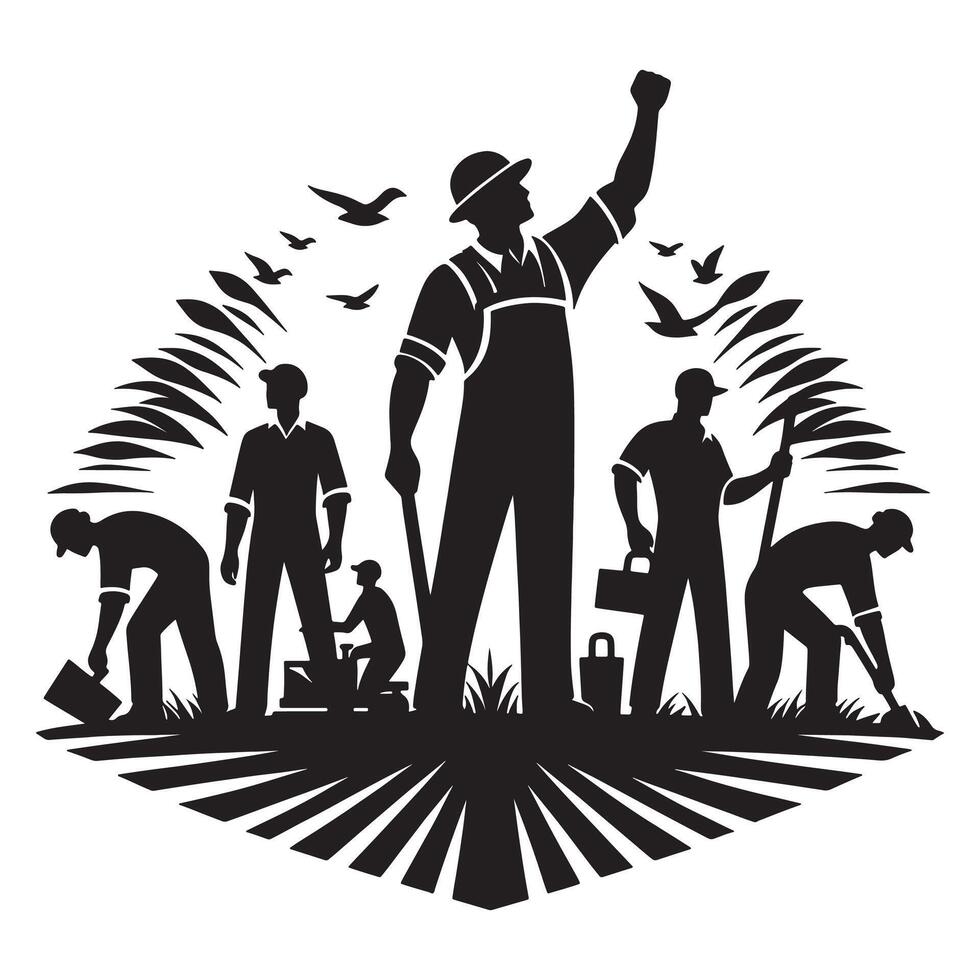 Workers union illustration featuring agriculture and labor rights black and white design, labor day vector