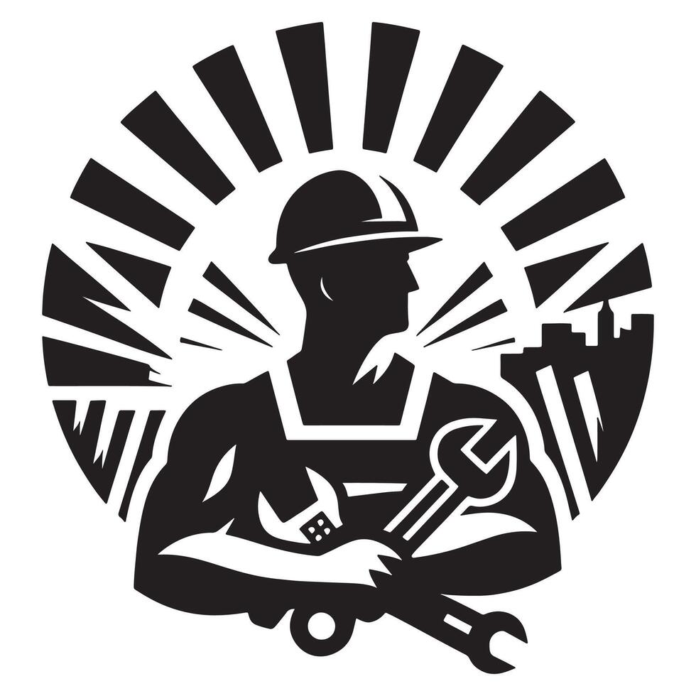 Construction worker silhouette with wrench and building skyline illustration design, labor day vector