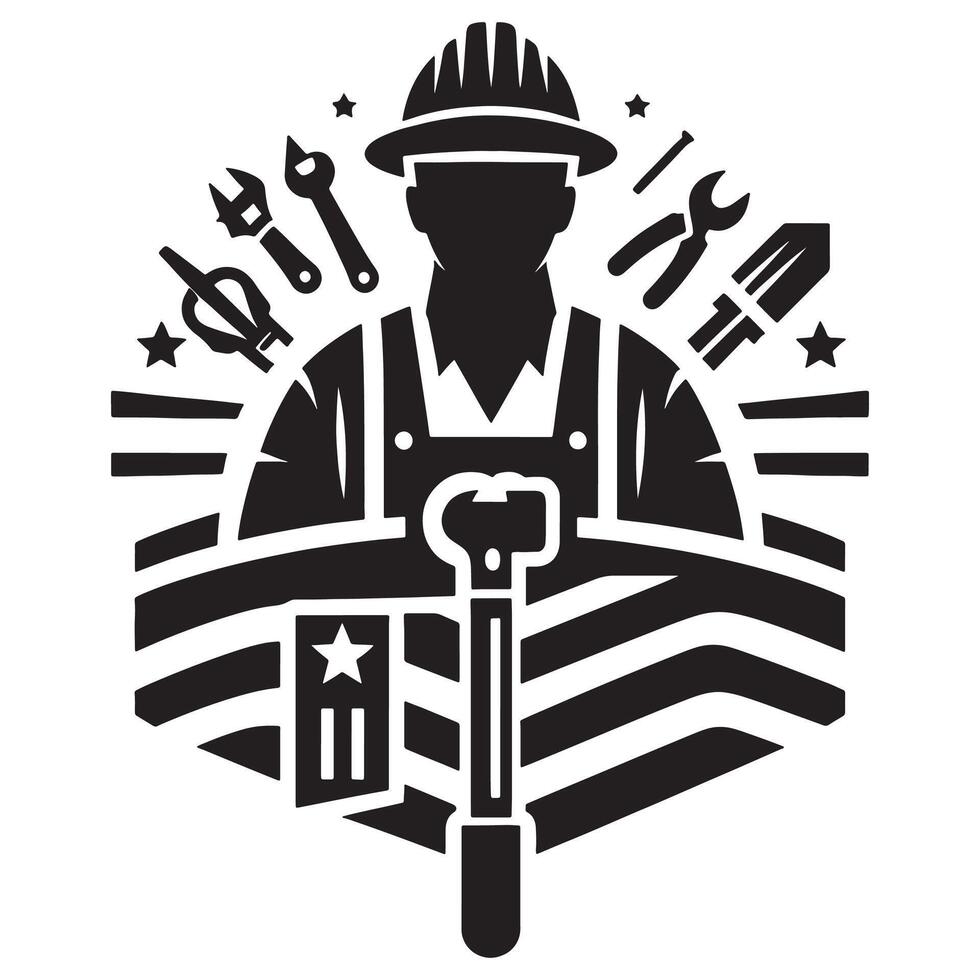 Labor day illustration of construction worker with tools and flag design, labor day vector