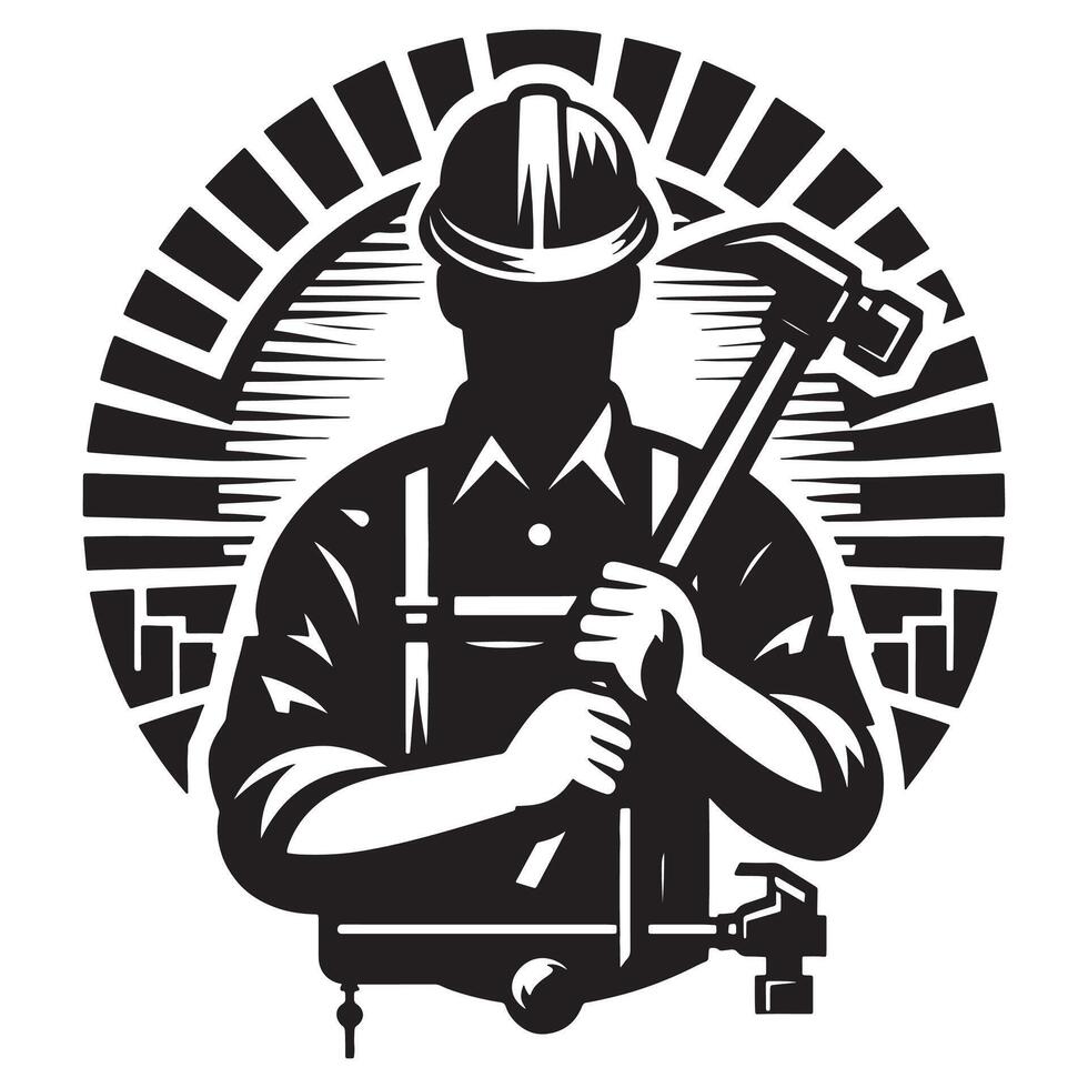 Construction worker with hammer and vise in black and white illustration for design projects, labor day vector