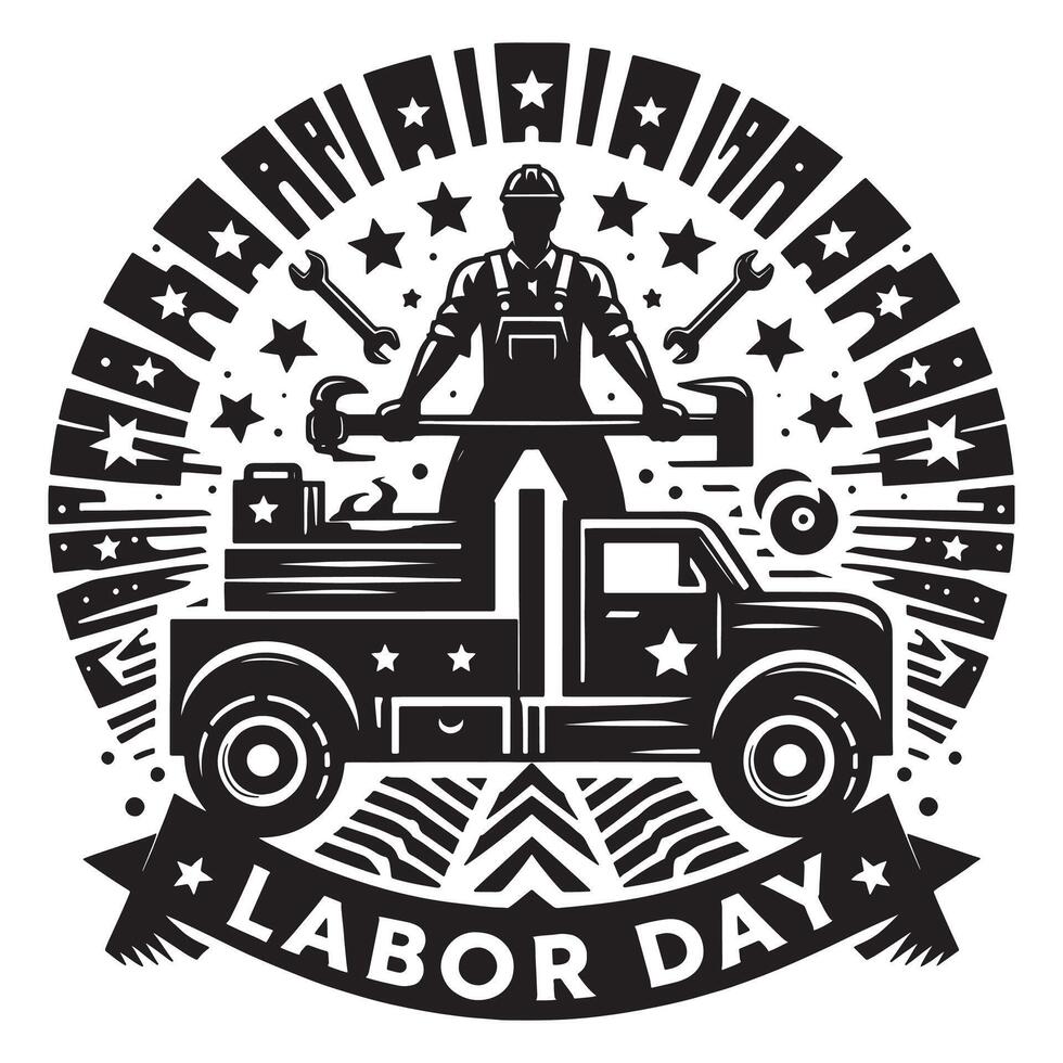 Labor day celebration worker on truck with tools and stars american holiday illustration design vector
