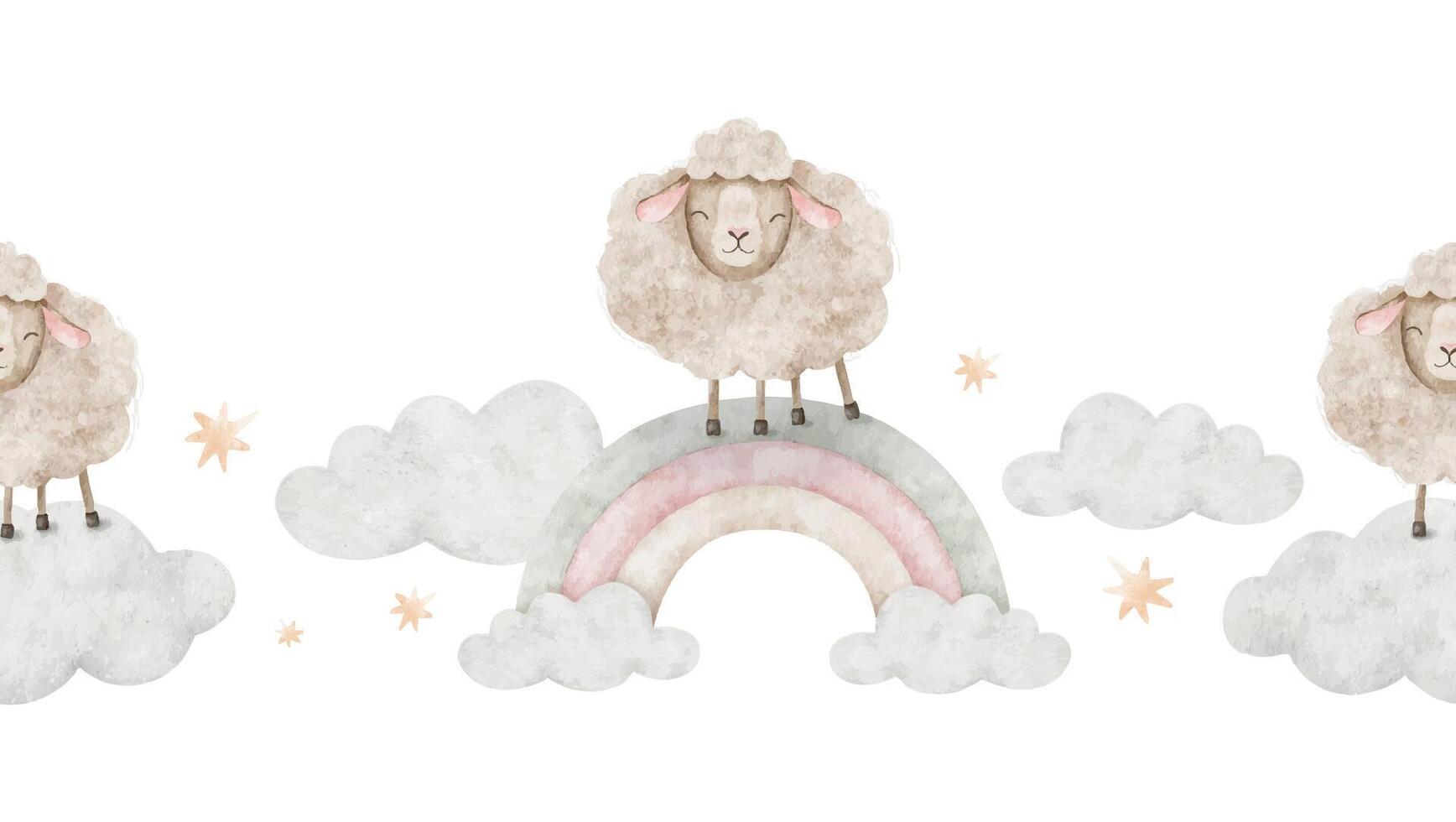 Sheep sleep on rainbow, clouds and stars. Watercolor hand drawn nursery seamless border of dreamy lamb. Good night horizontal banner for scrapbook, textile, linen, baby shower, wallpaper vector