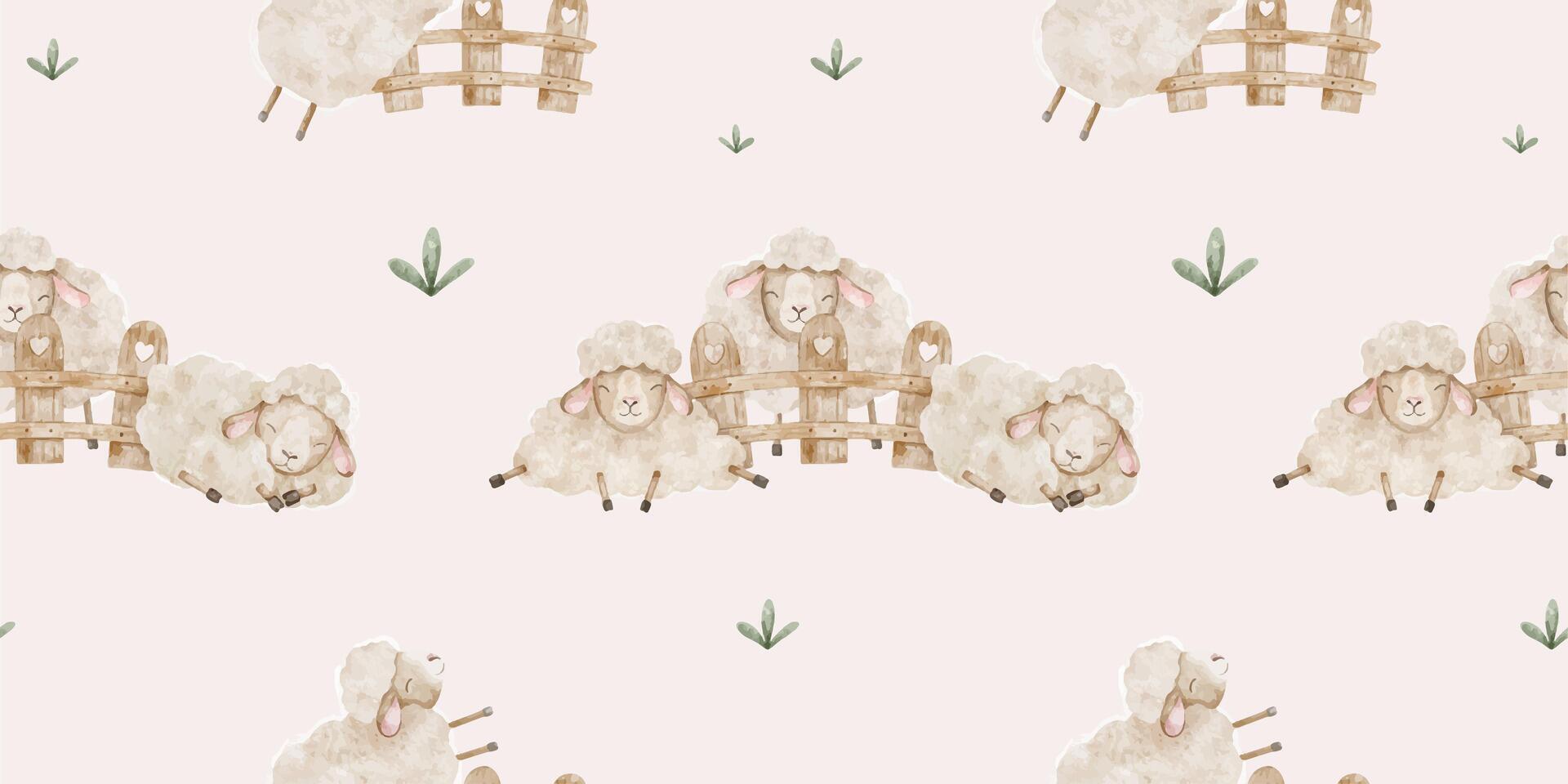 Sheep sleeping near wooden fence background. Watercolor nursery seamless pattern flock of lambs. Rustic baby print of farm animals for textile, linen, baby shower, wallpaper, pajamas, children's room vector