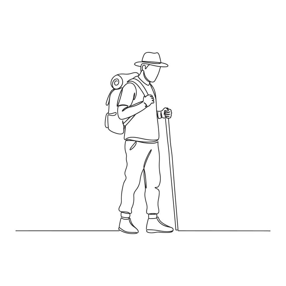 Single Line Art of Traveler Wearing Hat and Backpack vector