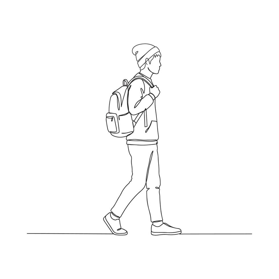 One Line Art, Adventurous Man with Hat and Bag vector