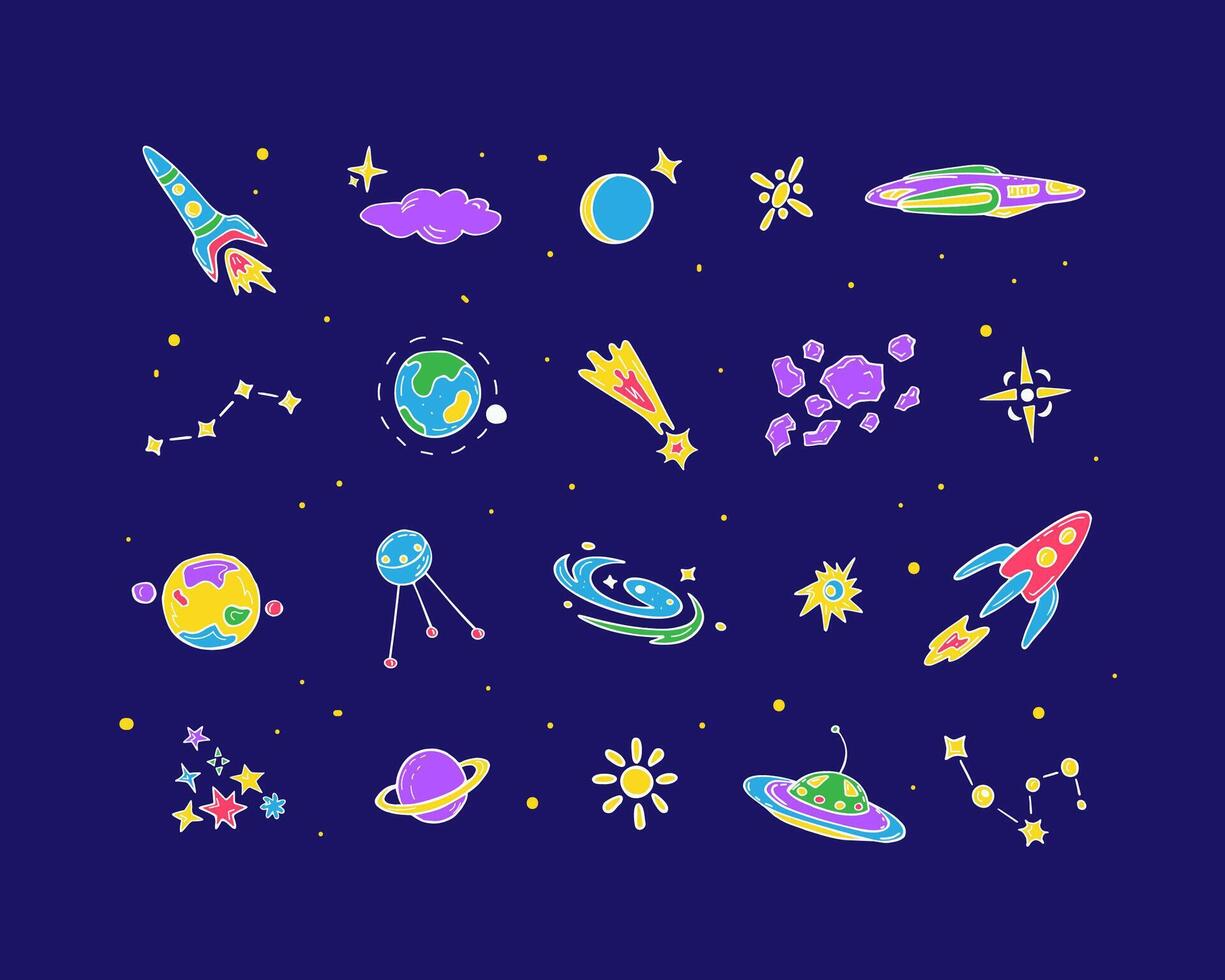 Space exploration, colored doodle set vector