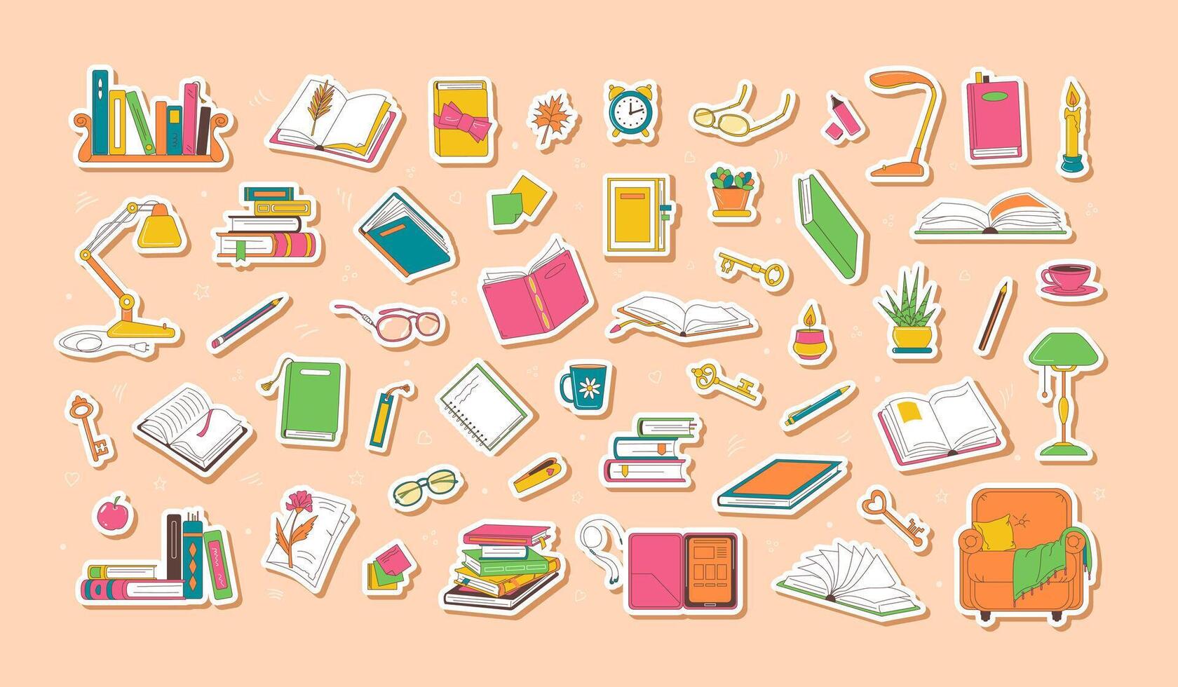 Books and reading related colorful stickers vector