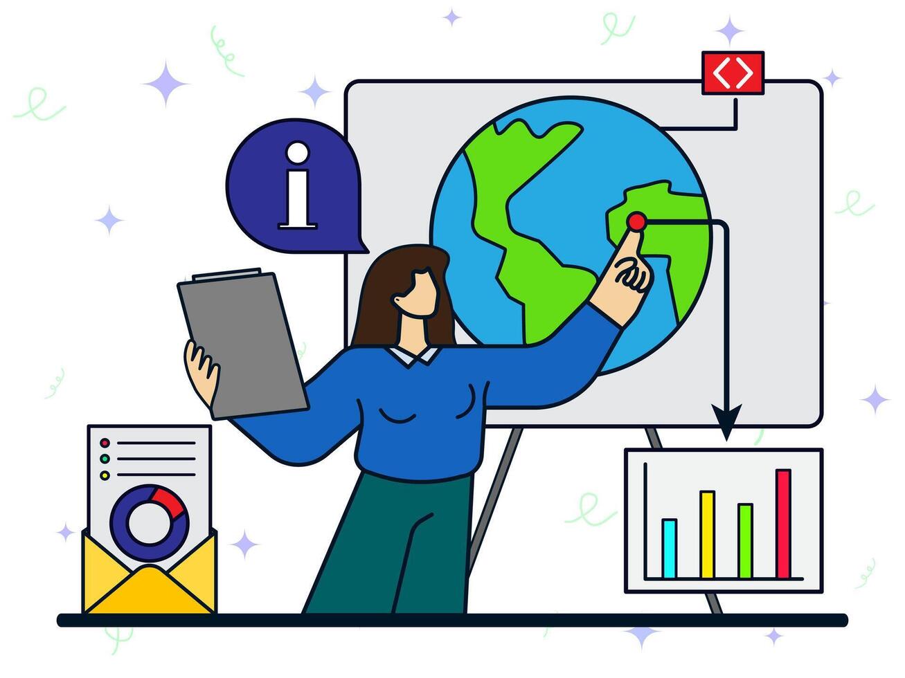 Global analysis information concept. Woman analyzing global financial graphs. Collect data, business growth, company development. vector