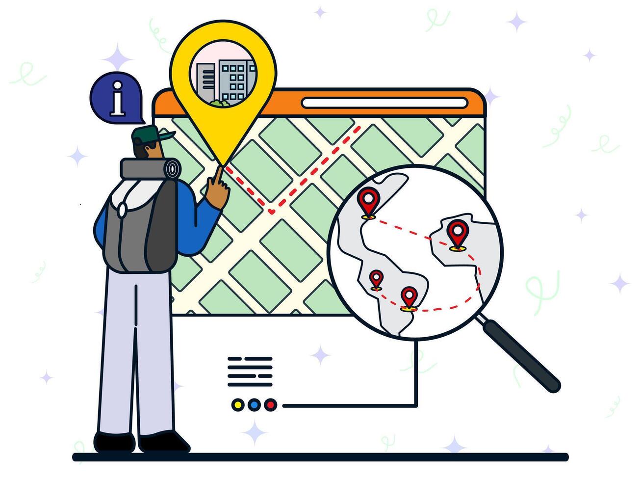 A man traveller searching location of city for his vacation on big screen GPS maps. Trip planning, holiday vacation organization. Smart tourism system, travel recommender systems vector