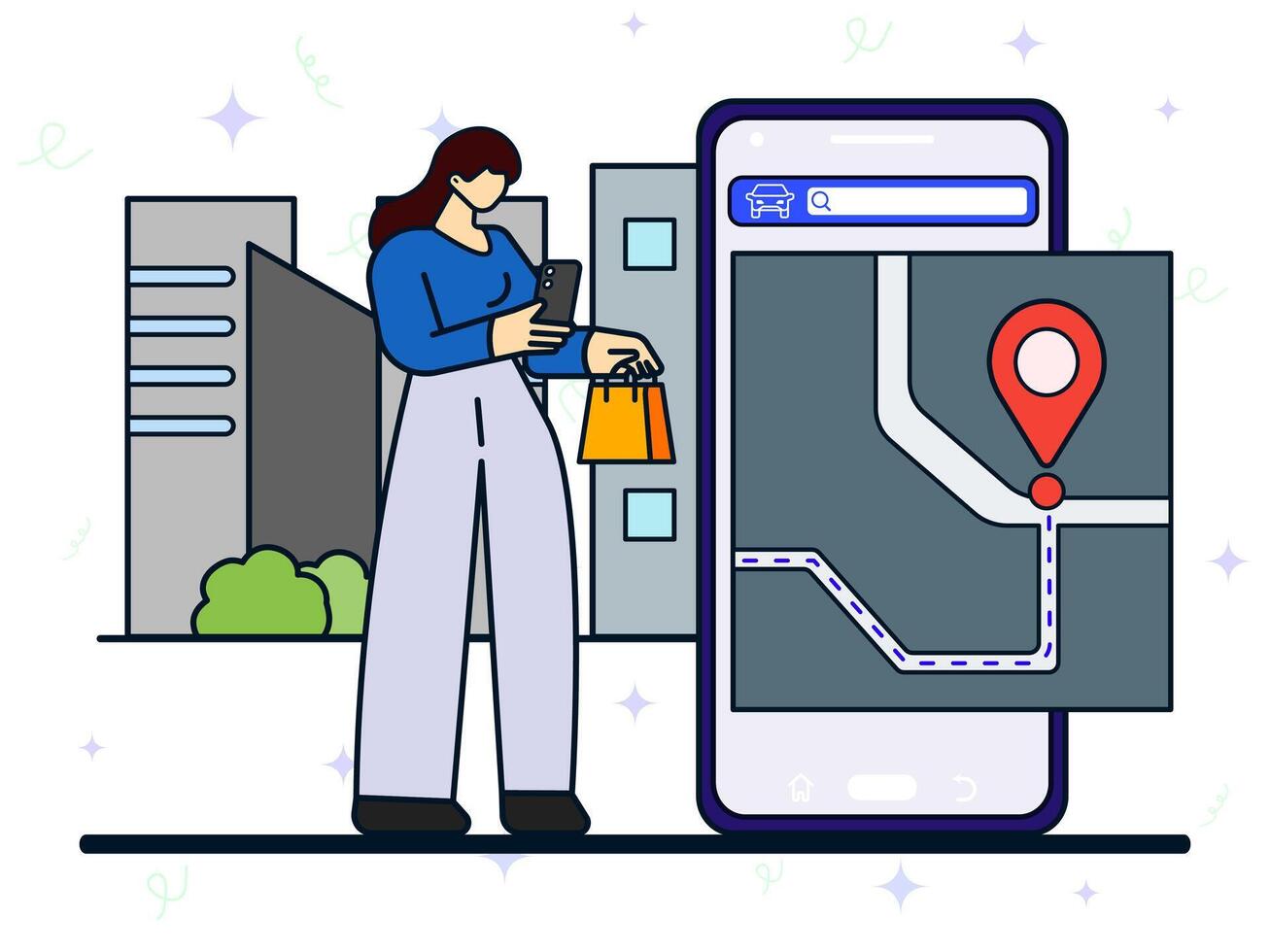 Device tracking app concept. A woman uses a smartphone to identify routes in the city center after shopping. GPS, maps, geolocation, navigation, urban street. vector