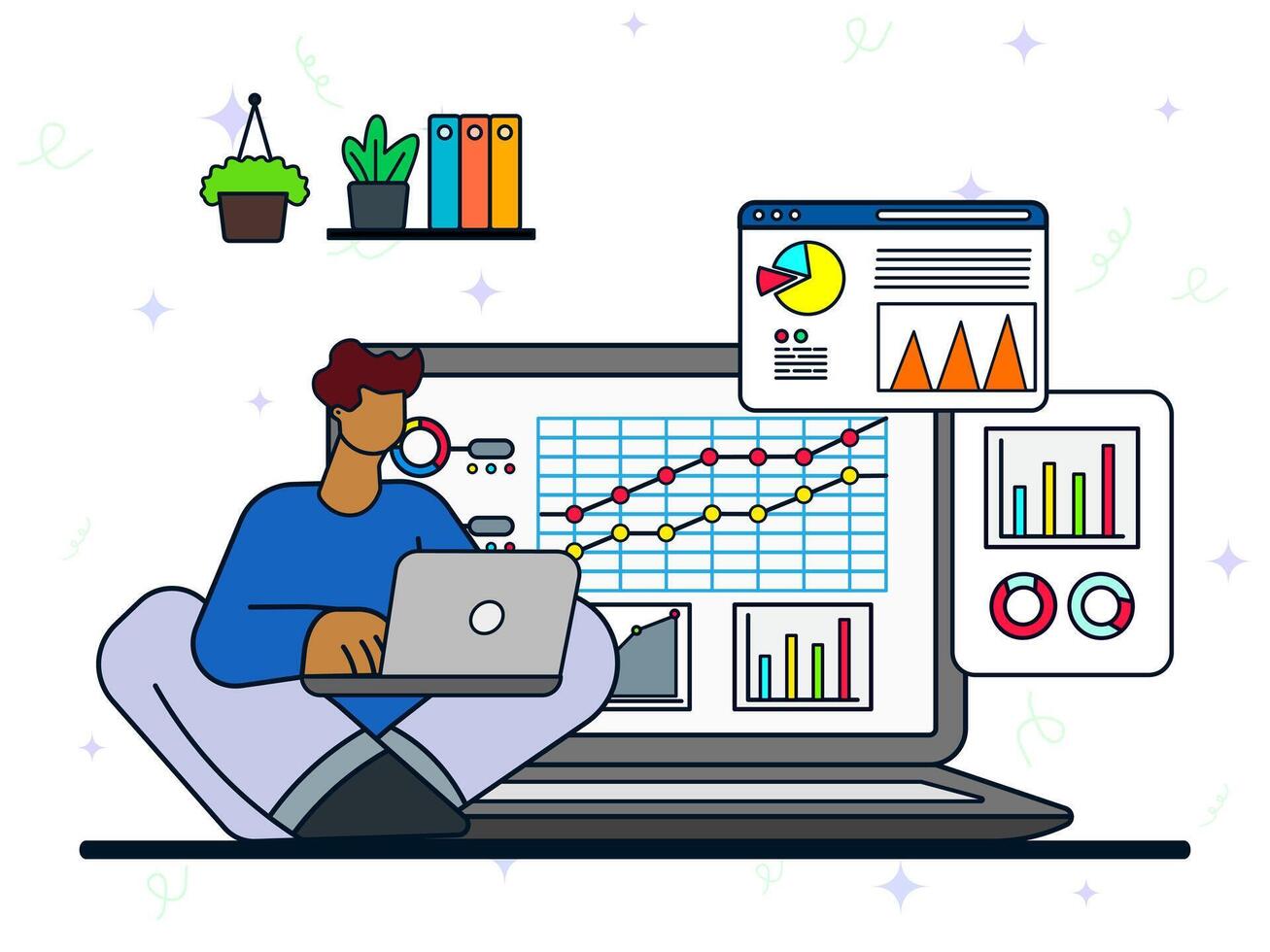 Collecting business data concept. A man using laptop to monitoring database chart graphs. Control data, analysis, manage, development, improvement. vector