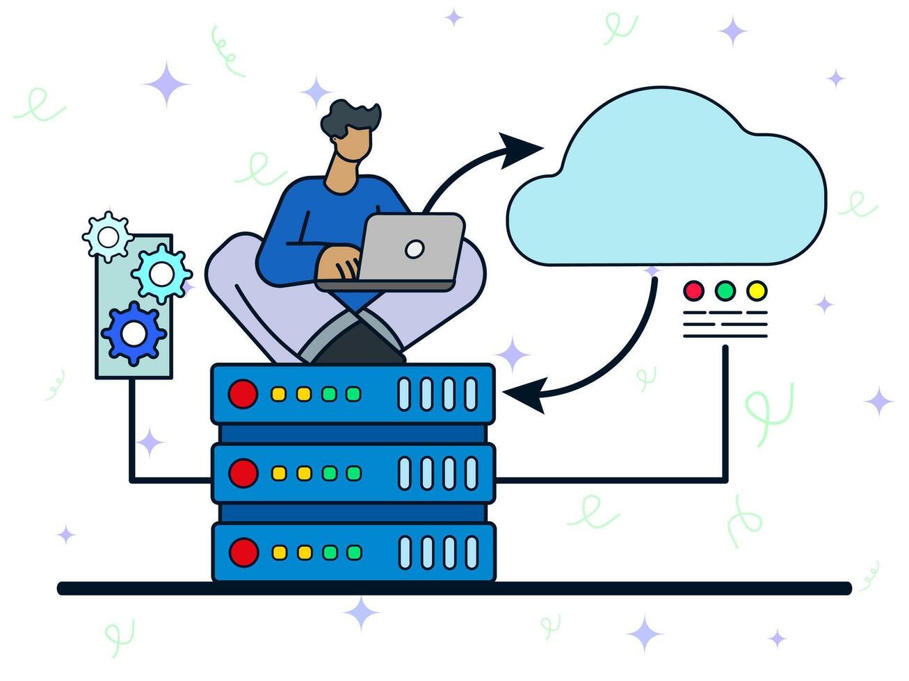 Cloud server data backup. Man using laptop to synchronize database server. Optimization, online data access, management risk, cyber security. vector
