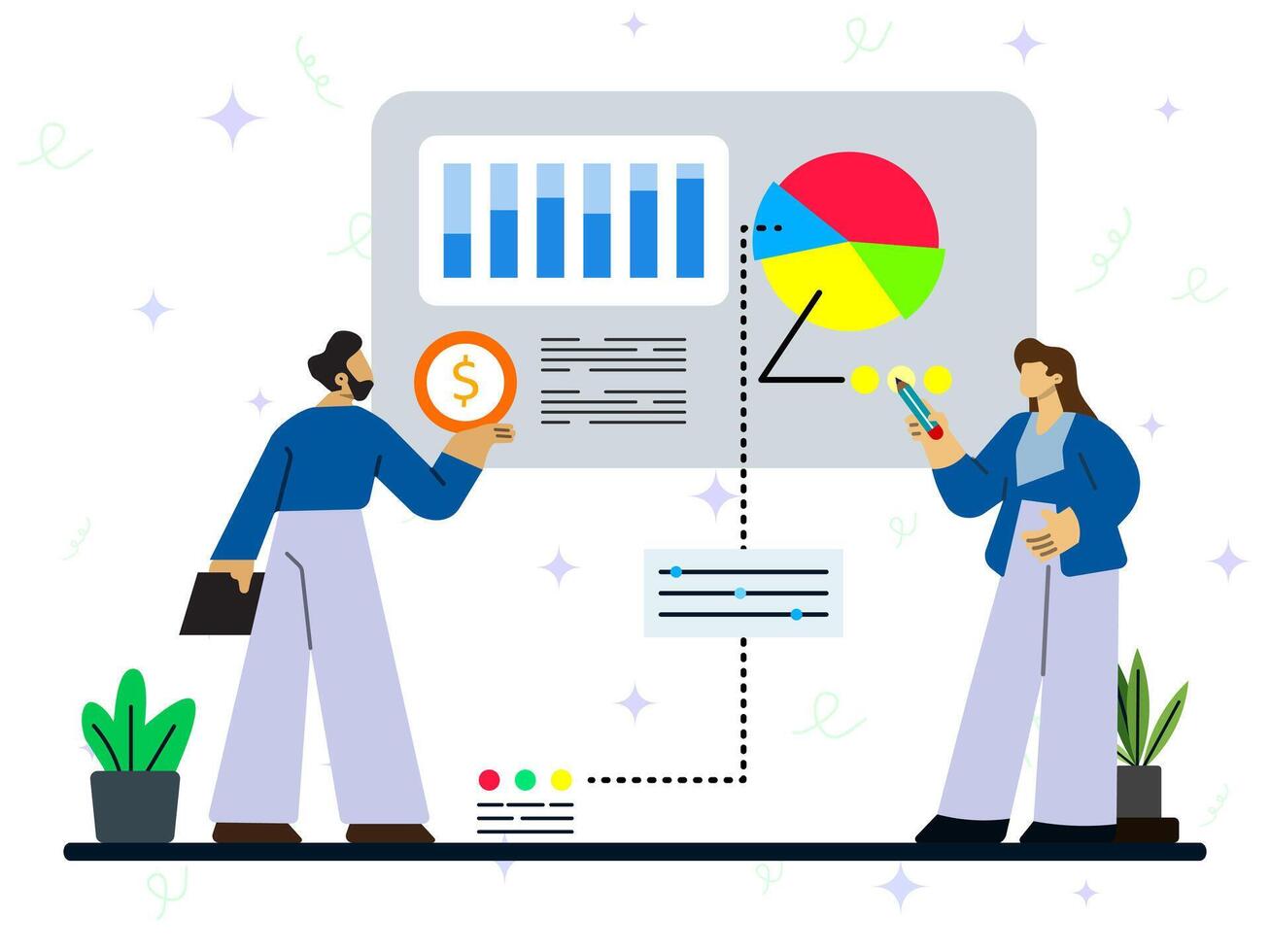 Analysis business team concept. A man and woman meet to discuss data development with graph and diagram on big screen. vector