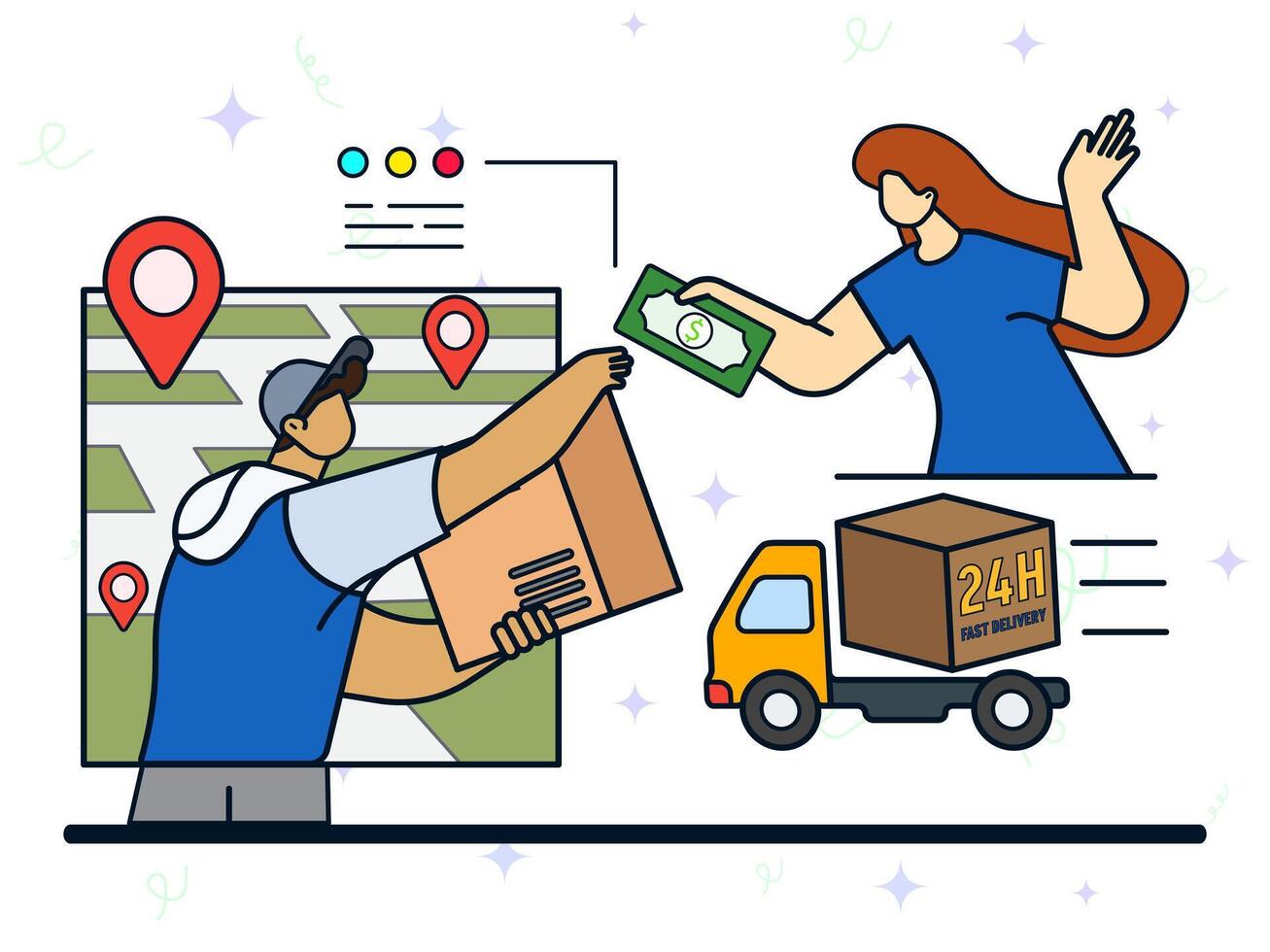 Cash on delivery concept. COD services, collect on demand, sale goods by mail order, full payment in cash, return to retailer, post office delivery, cargo package, fast delivery. vector