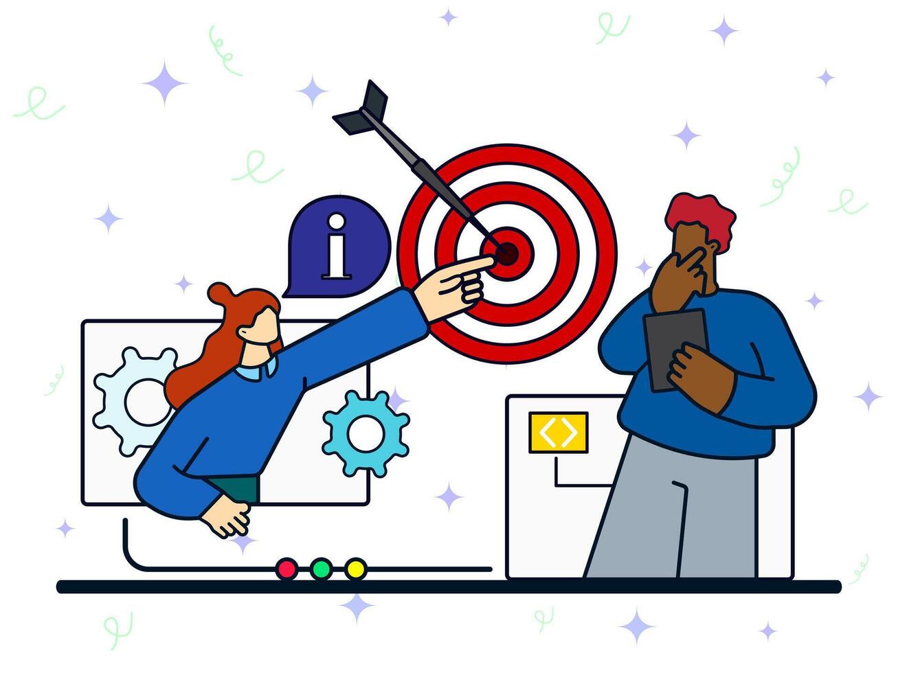 Business target concept. Woman tell about arrows target and male thinking business strategy. Challenge, aim, achievement, teamwork, employee, marketing, development. vector