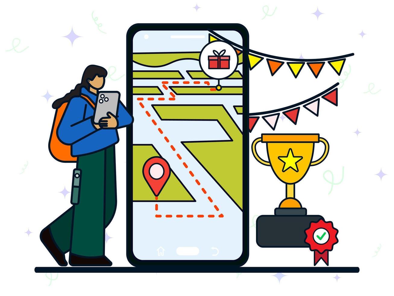 Tracking delivery apps concept. A young woman using smartphone to tracking of her giftbox. Achievement surprise, party gift, GPS maps, navigation delivery. vector