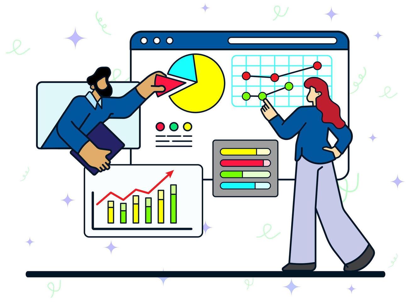 Marketing analysis concept. Girl and man co-wokers analyze information received on big screen. Business presentation, market research, financial growth. vector