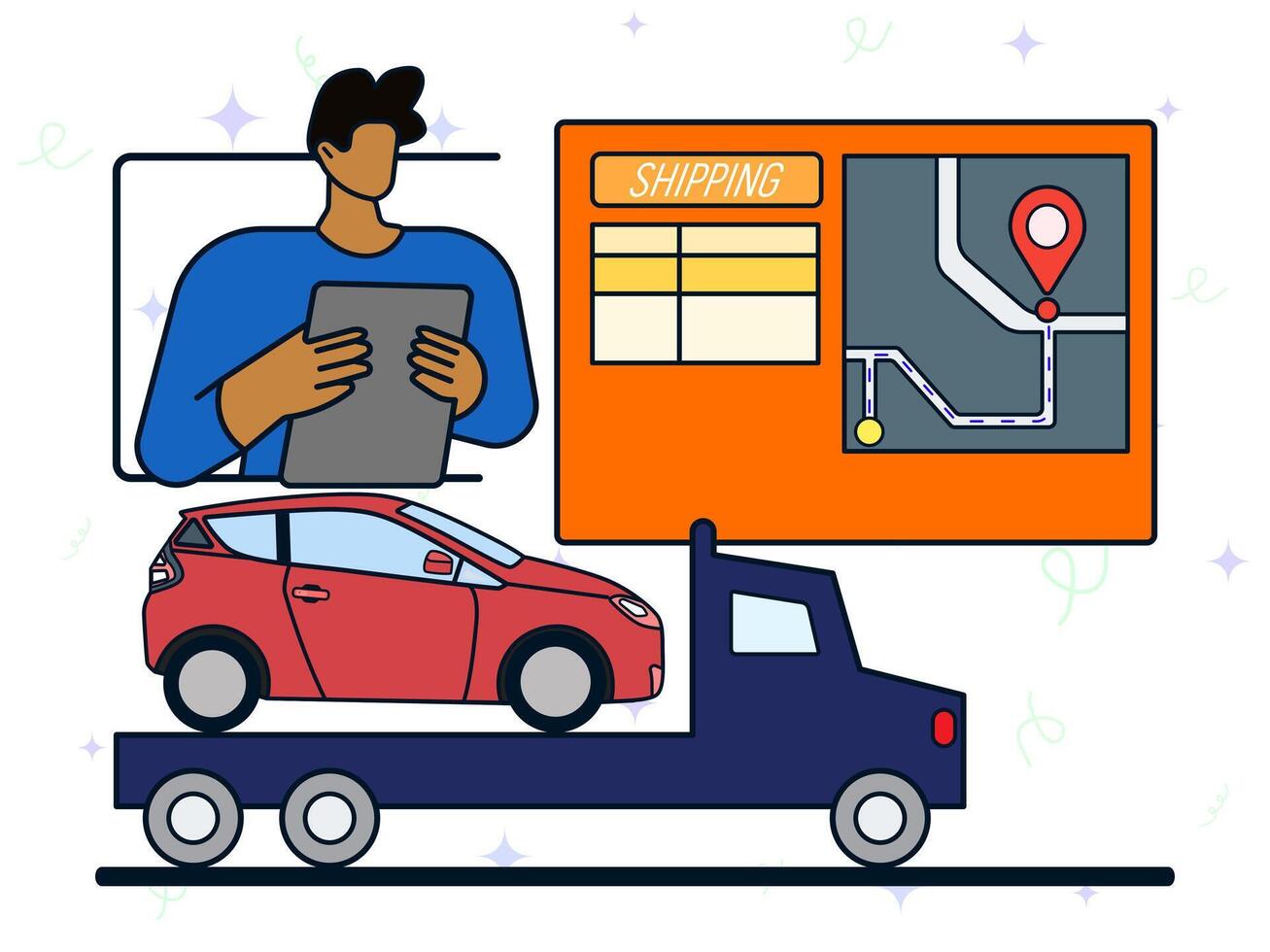 Ride sharing shipping apps concept. Smartphone with ride-sharing app, tracking location, cargo transportation, IT technology, delivery process. vector