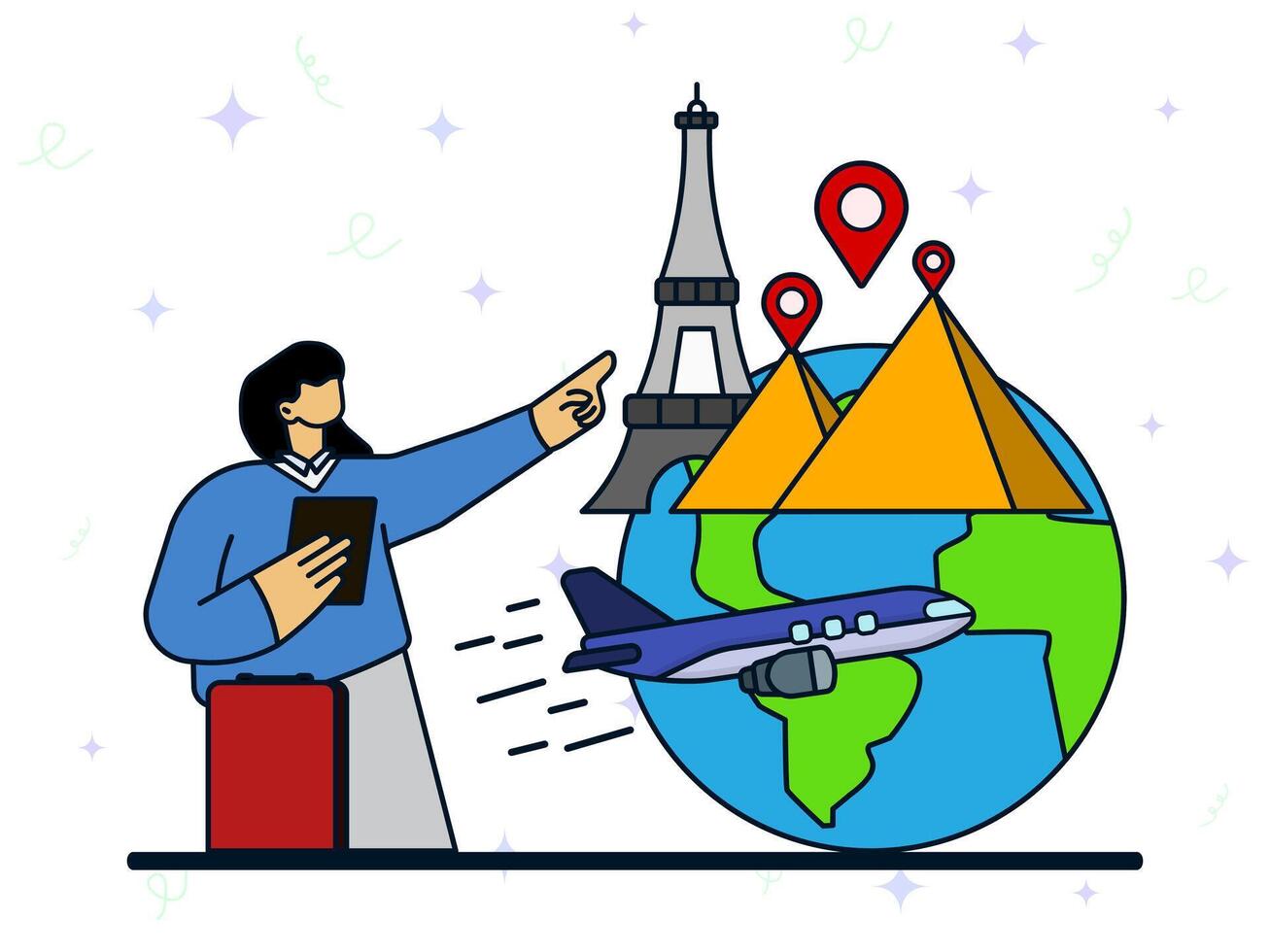Destination of vacation concept. Woman planning holiday and vacation. Travel and tourism, route at world maps, famous tourist attraction. vector