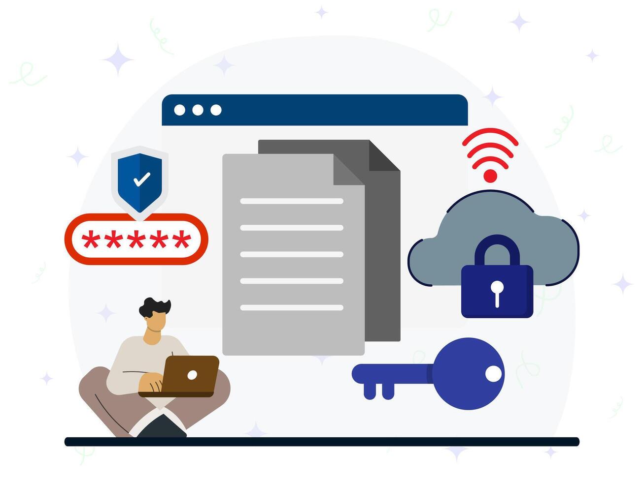 Cloud sharing protection concept. A man using laptop to give password on his documents on big screen. Cyber security, personal data lock, password protection, internet security. vector