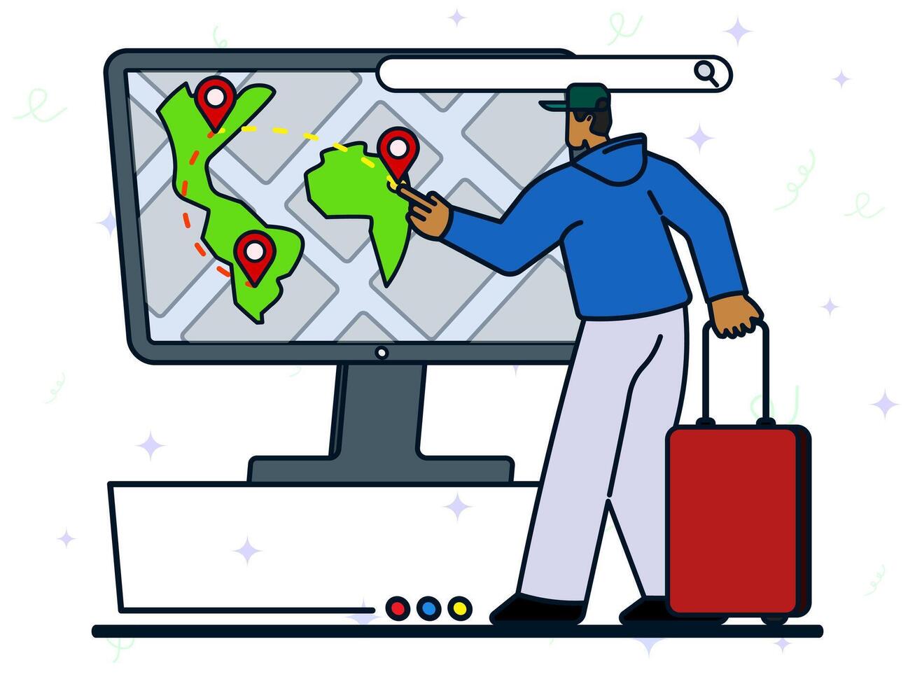 Travelling destination concept. A man holding luggage to pointing location on big screen of maps. Navigation apps, GPS maps, vacation on holiday, tourist, smart trip navigation online, traveler review vector