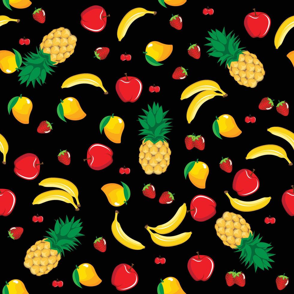 Mango pineapple apple strawberry banana cherry mix fruits abstract seamless pattern on black background vector