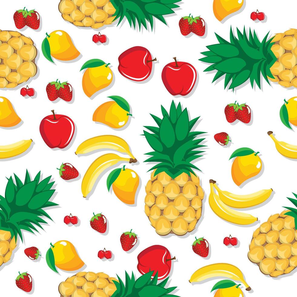 Mango pineapple apple strawberry banana cherry mix fruits seamless pattern on white abstract background vector