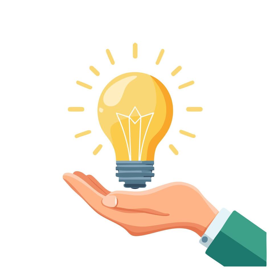 Bright yellow light bulb in a business hand, glowing with rays of light. A clean, flat illustration for leadership, ideas, and future thinking in corporate design. vector